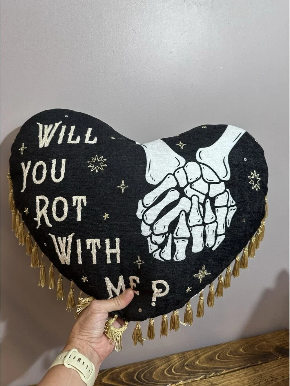 Black Heart Pillow “Will You Rot With Me?” Skeleton Hands Goth Emo Fringe Decor